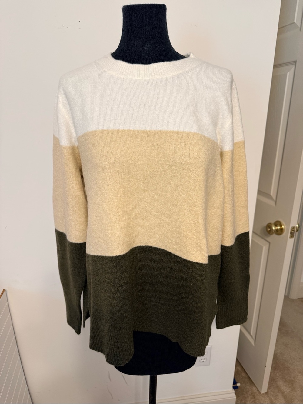 J. Crew Beige, White & Olive Colorblock Crewneck Sweater